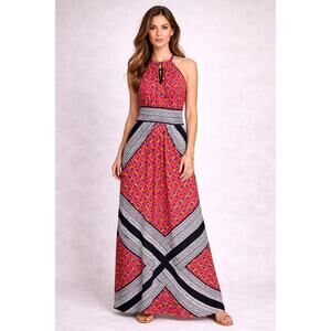 187 SZ 6 London Times Maxi Dress Womens Boho Halter Keyhole Resort Vacation Chic